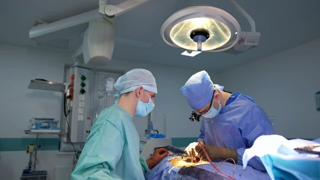 Professional neurosurgeon holds the instruments in patient's body. Assistant stand beside waiting for instructions.