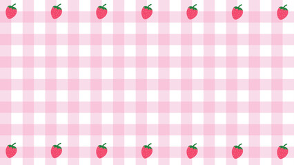 cute pink gingham with strawberry, checkered, tartan pattern background
