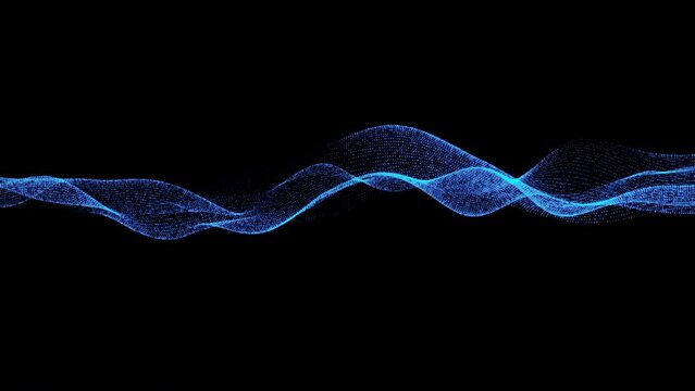 Animation neon blue wave. Spiral rotation shimmer line, point. Chaotic flow water. Alpha channel. Glowing musical wave particles. LED strip. Technology, medicine, business. 3d rendering. QuickTime. 4k