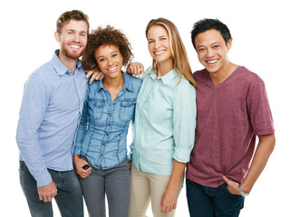 The four of us is plenty. Studio portrait of a group of friends posing together against a white background.