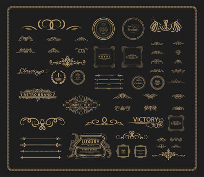 Vintage set decor elements for wedding cards, decorating valentines, vector framing title of different printed products. Vintage patterns, frames and weaves on a white background. Exclusive brown icon