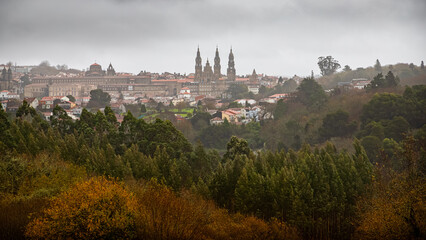 Panoramic View of the Historic Old Town and Cathedral of Saint James in Santiago de Compostela,...