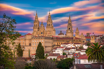 Evening Long Exposure HDR View of the Historic Old Town and Cathedral of Saint James in Santiago de...