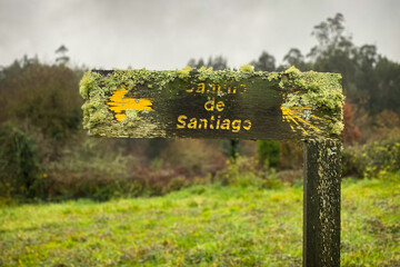 Camino de Santiago Sign: Way of St James Wooden Pilgrim Trail Marker with the Scallop Shell Symbol...