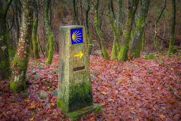 Camino de Santiago Stone Post: Way of St James Pilgrim Trail Marker with the Scallop Shell Symbol...