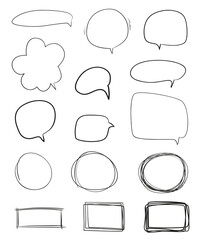 Fototapeta premium Set of hand drawn think and talk speech bubbles. Abstract symbols on white. Pattern of loot for words. Line art. Collection of different signs. Black and white illustration