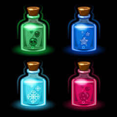 Set magic glass bottles cartoon style isolated black background