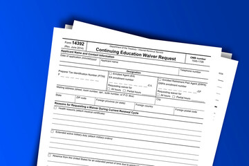 Fototapeta premium Form 14392 documentation published IRS USA 03.23.2017. American tax document on colored