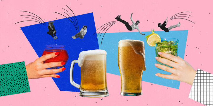 Contemporary Art Collage. Young People Jumping Into Alcohol Cocktails And Beer Glasses Isolated Over Pink And Blue Background