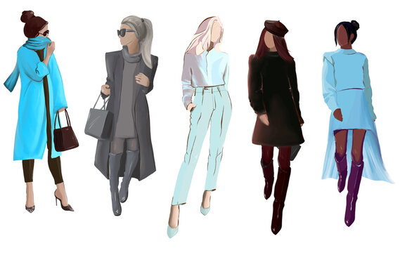 group of women in fashionable clothes, fashion girls, vector illustration