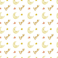 Boho  seamless pattern, cute vector design for fabric, invitation, textile.  pastel elements, moon, star. Baby nursery background