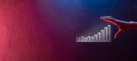 Businessman holding graph growth and increase of chart positive indicators in his business.Investment up concept.analyzing sales data and economic,strategy and planning, Digital marketing and stock 