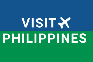 Visit Philippines . Visit Logo Philippines  and plane. Air flight to  Manila , capital Philippines . Text on blue-green background. Buying air ticket