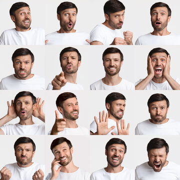 Set Of Portraits Of Man Expressing Different Emotions, White Background