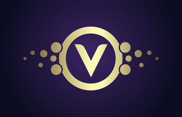 Dots Letter V Logo in Gold and Purple Gradient. Alphabet Dotted Icon Vector Design, EPS10.
