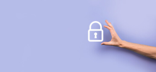 Male hand holding a lock padlock icon.Cyber security network. Internet technology...