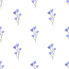 Obraz na płótnie Canvas Floral seamless vector pattern with flowers. Spring flora. Simple hand-drawn kids style. Pretty ditsy for fabric, textile, wallpaper. Digital paper in white background