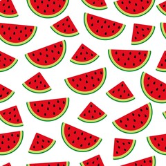Vector seamless pattern with slices of ripe sweet watermelons on white background. Fresh summer fruits and berries backdrop, pattern for kids, clothes, print.