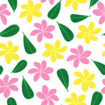 Vector seamless pattern with Plumeria or Frangipani tropical flowers and leaves on white background. Tropical floral colorful background. Blooming Plumeria, Summer vibe graphic design.