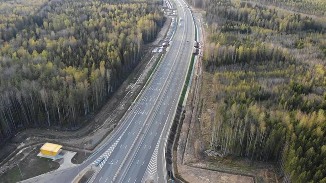 Aerial view of Moscow - Saint Petersburg motorway toll road, Russian federal highway in the European part of Russia, parallel to the M10 highway, from the federal cities of Moscow to St. Petersburg. 