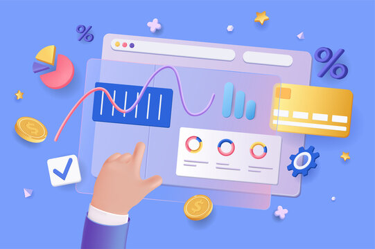 Financial Report Concept 3D Illustration. Icon Composition With Dashboard With Data Charts, Graphs, Diagrams And Credit Card. Business Analytics, Accounting. Vector Illustration For Modern Web Design