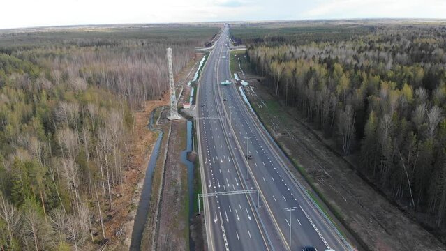 Aerial view of Moscow - Saint Petersburg motorway toll road, Russian federal highway in the European part of Russia, parallel to the M10 highway, from the federal cities of Moscow to St. Petersburg. 