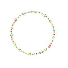 Multicolor chain with precious stones. Jewelry wreath. Watercolor illustration isolated on White Background.