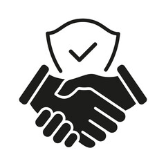 Handshake and shield icon. Business agreement with check mark and protect secure sign. World partnership symbol. Vector isolated on white.