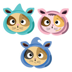 Cute cat faces in colorful hats.