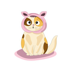 Illustration of a cute spotted cat sitting on a rug.