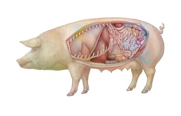Anatomy of a sow showing the lungs digestive system.