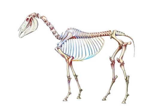 Representation of the bone system of a horse on a white background.