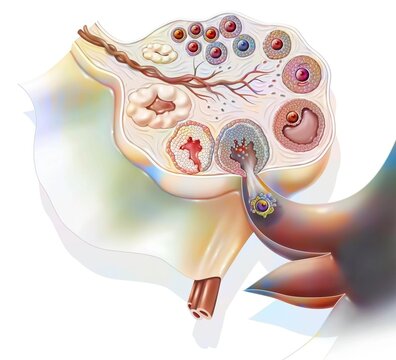 Section of an ovary showing the ovarian cycle.