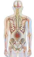 Bone system: human skeleton with representations of lumbar pain.