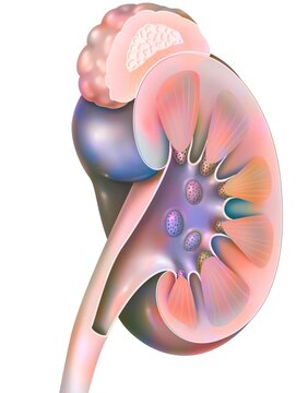 Structures of the kidney and left ureter in 3/4 views.