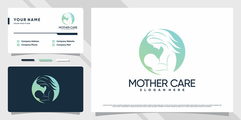 Mother and baby logo with negative space concept and business card design Premium Vector