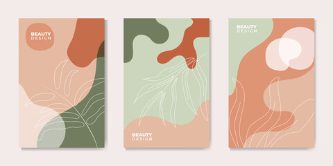 Botanical wall art background vector set.Earth tone natural colors foliage line art boho plants drawing with abstract shape. Mid century modern design for prints, poster, cover and wallpaper. © Mockmenot