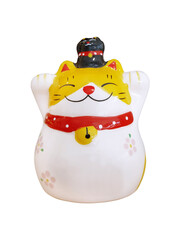 Lucky cat smiling statue on white background