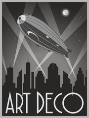 Art Deco Streamline Style Cityscape Poster. 1920s Retro Zeppelin Illustration © koyash07