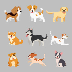 Dogs collection flat style . Cartoon dog breeds set. Vector illustration isolated on gray background.