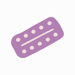 Palette of pills. Purple packaging with round medicines.