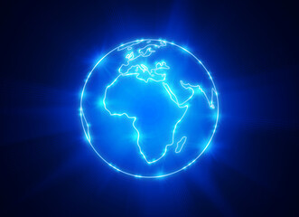 Shining planet Earth with the contours of the continents on a deep blue background. Earth globe with view of Africa
