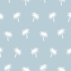 Palm trees seamless pattern. White palm trees on a blue background. Vector.