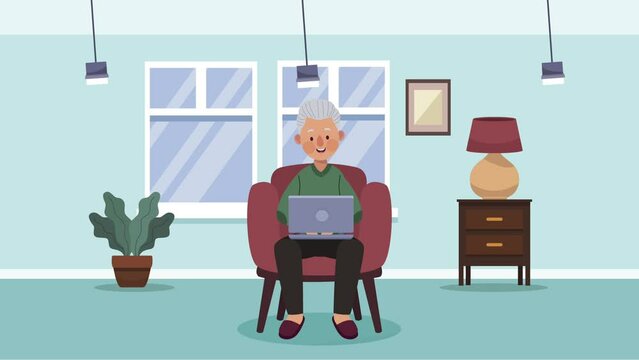 grandfather using laptop in sofa animation
