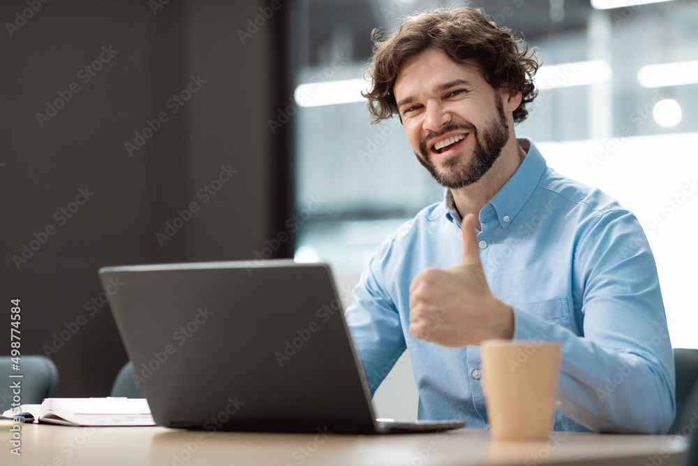 Poster portrait of smiling business man using laptop showing thumbs up