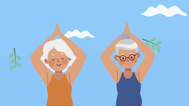 old women practicing yoga animation