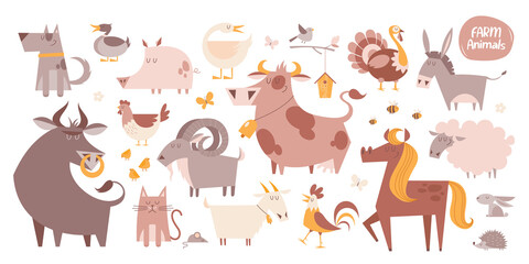 Big cartoon set of funny farm animals and birds.