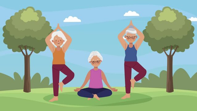 old women practicing yoga animation