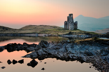 Ardvreck Castle on the shore of Loch Assynt, north west Highlands, Scotland, dates from 15th C....