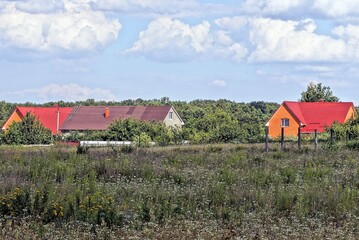 private houses in green grass and vegetation against the background of the sky and clouds